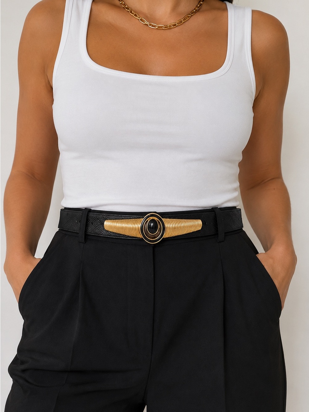 Vintage Judith Leiber Black Leather Belt Gold Oval Buckle Statement Designer Bel